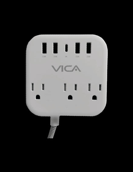 Centro de carga 7P VICA para protección contra sobretensiónes - 3 tomas con supresor de picos NEMA 5-15R, 4 puertos USB-A y 1 puerto USB-C Centro de carga 7P VICA para protección contra sobretensiónes - 3 tomas con supresor de picos NEMA 5-15R, 4 puertos USB-A y 1 puerto USB-C